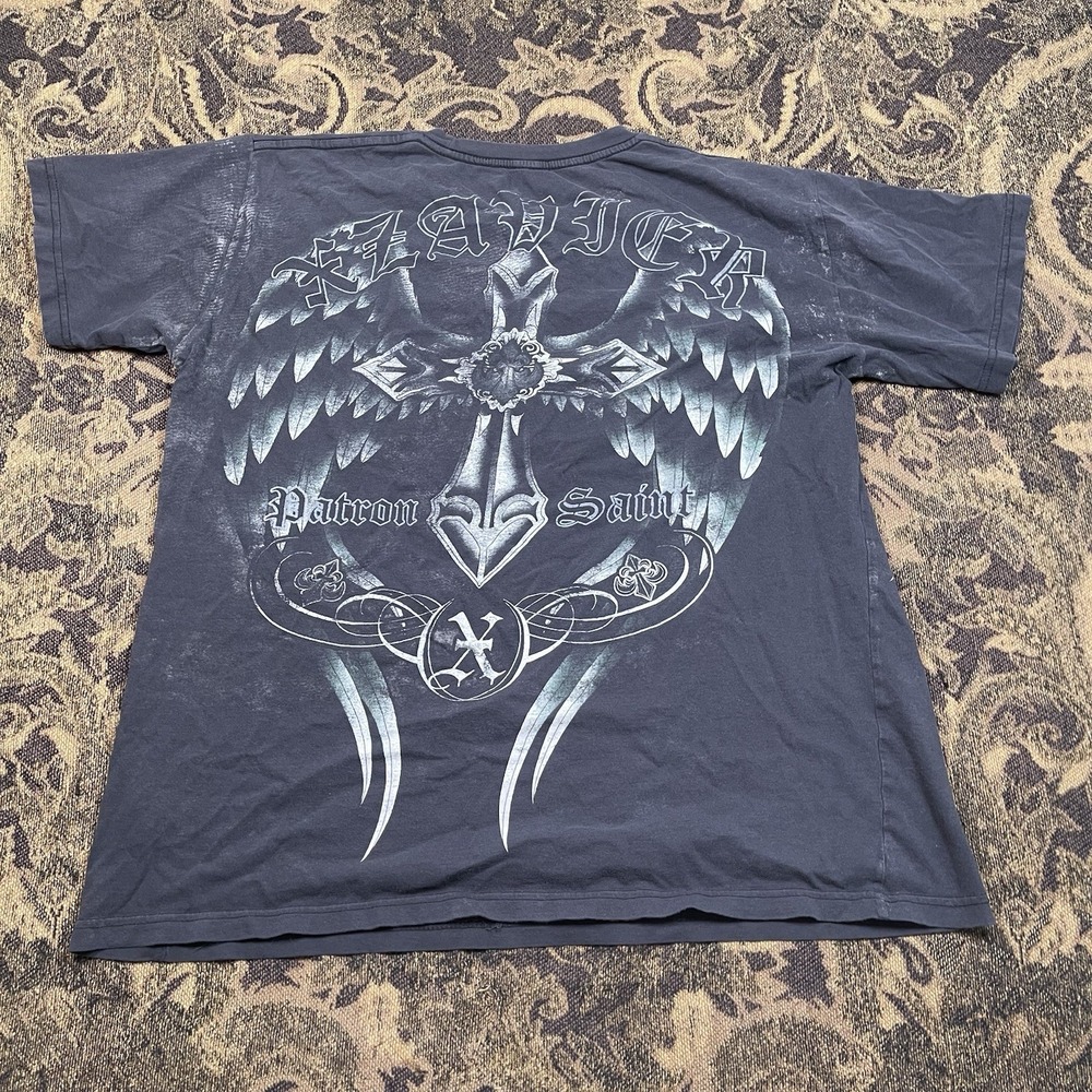 Vtg Y2K Xzavier Cross Wing Grunge Cyber T-Shirt Black Allover Print Mens XL